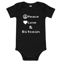 Load image into Gallery viewer, Bitcoin Baby one piece: &quot;Peace Love and Bitcoin&quot;
